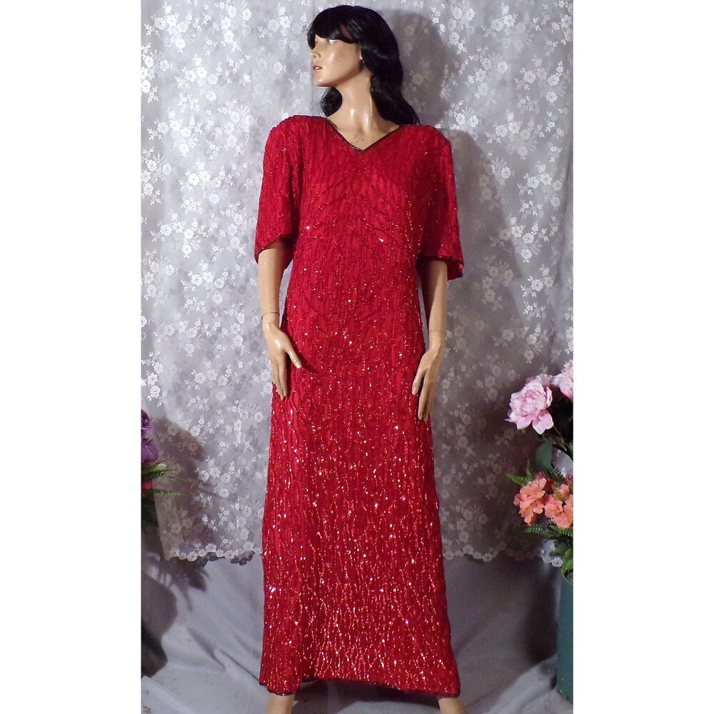 Vintage 80s Red Sequin Silk Evening Gown Plus Size 1X Glam Cocktail Maxi Dress